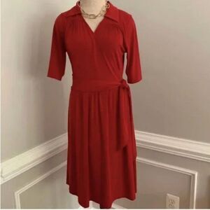 Talbots Faux Wrap Rust Colored Spilt Neck Collared Stretch Dress Size 6P